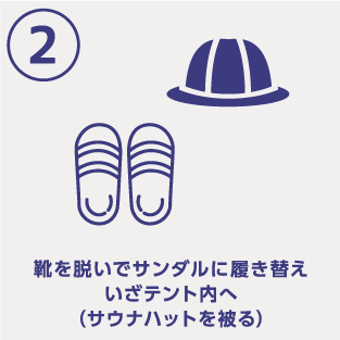 靴を脱いでサンダルに履き替えテント内へ